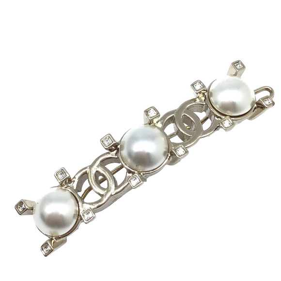 CHANEL Barrette Hairpin Champagne Gold Resin Pearl Rhinestone Hair Clip Acces...